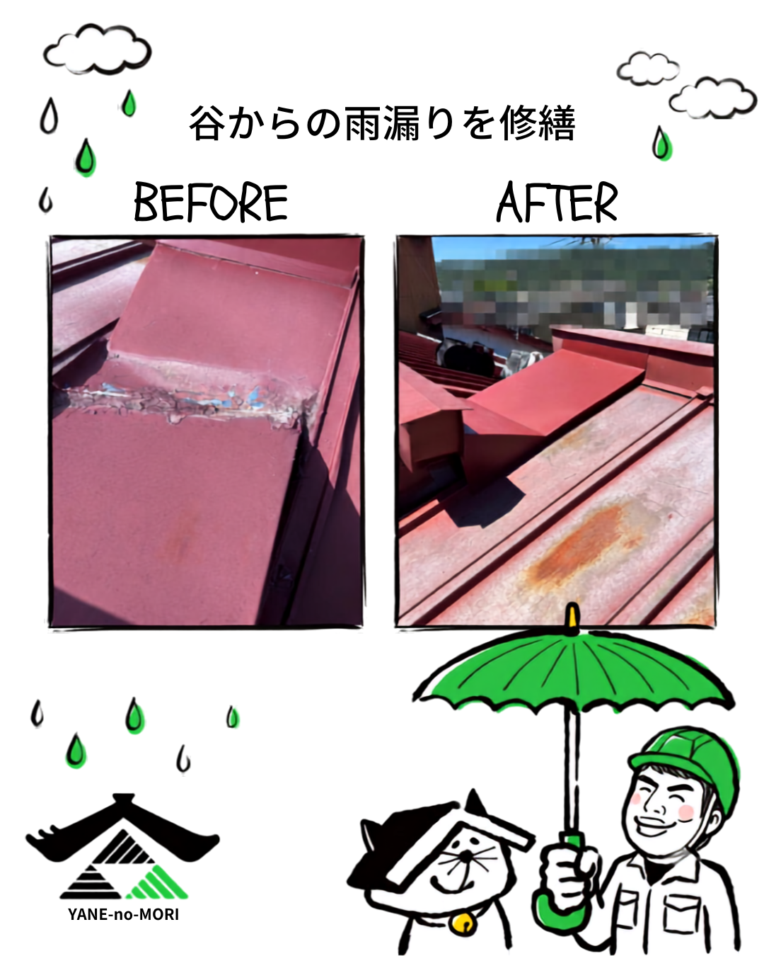 谷からの雨漏りを修繕