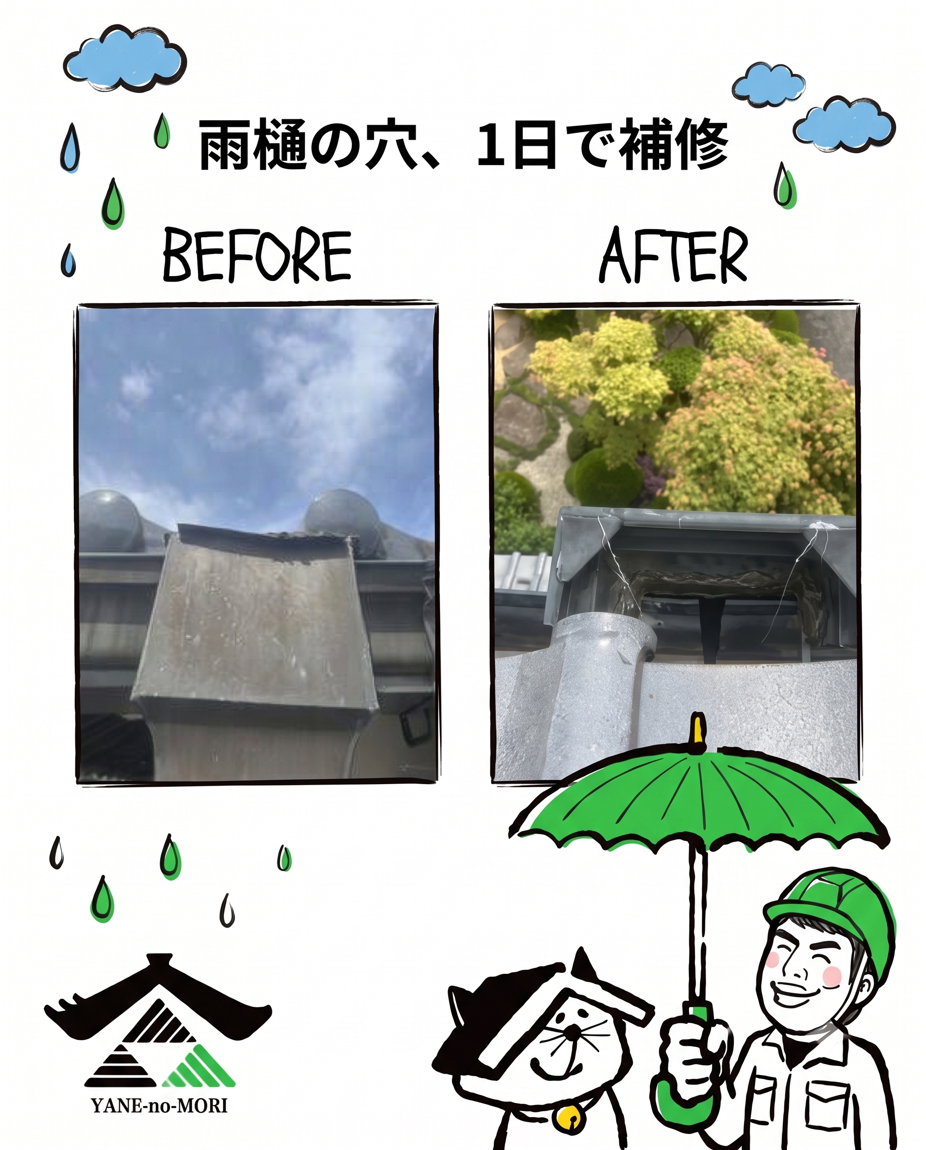 雨樋の穴、1日で補修
